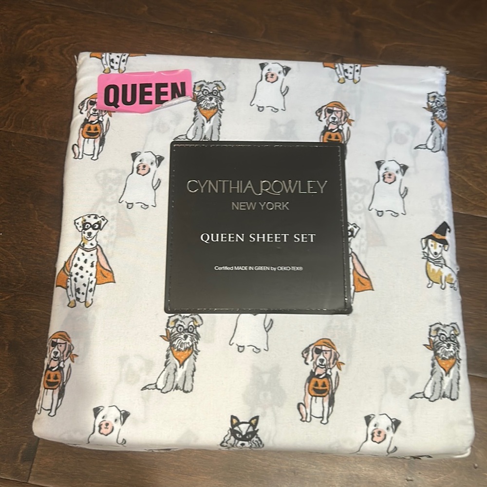Cynthia Rowley Halloween Dogs In Costumes Pumpkins Queen Sheet Set New